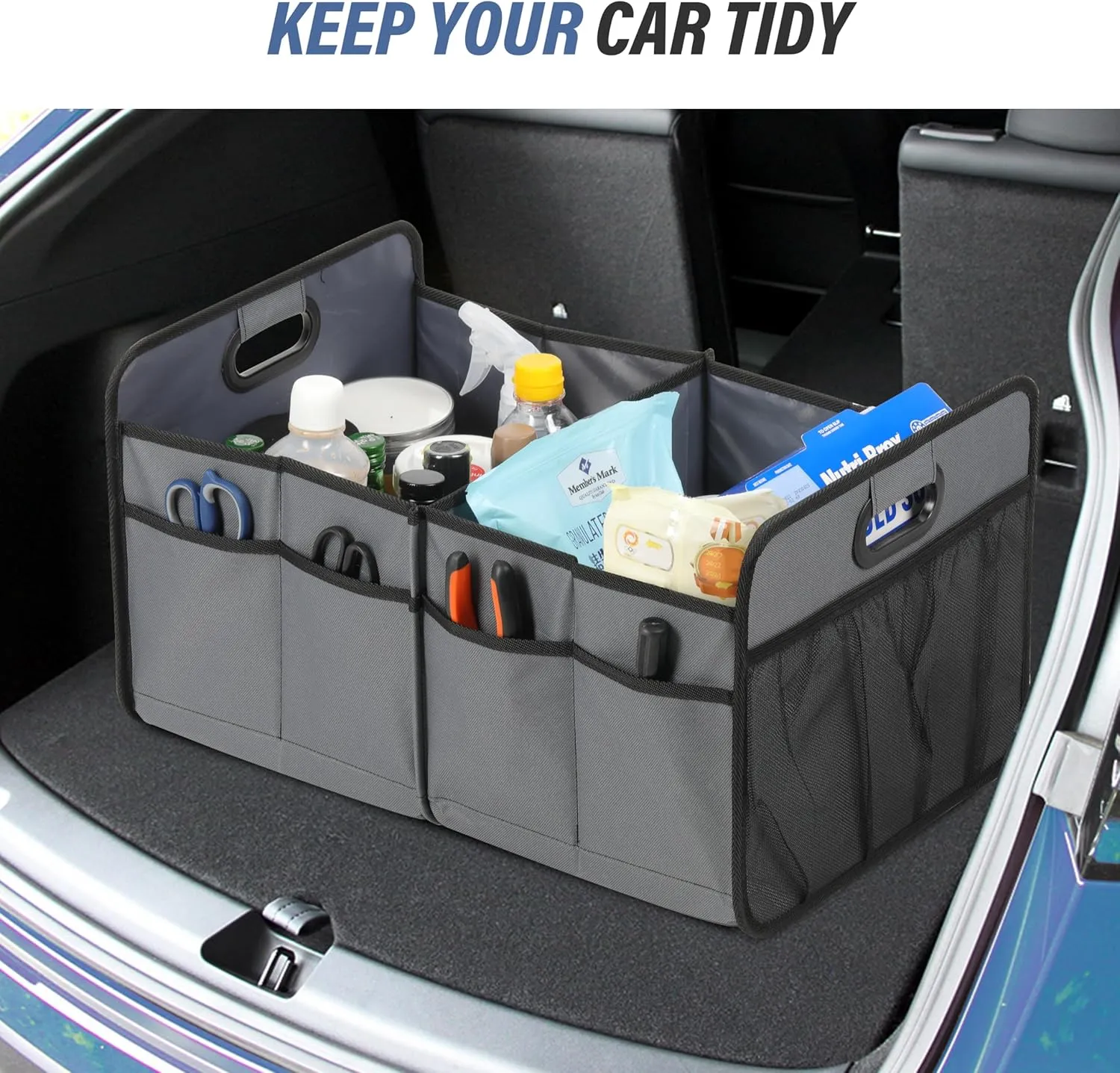 Simple Deluxe Car Trunk Organizer for SUV, Collapsible 2 Compartment 50L Automotive Storage Box with 5 Pocket, 600D Waterproof Oxford Polyester & Non Slip Bottom, Reinforced Handle, Grey