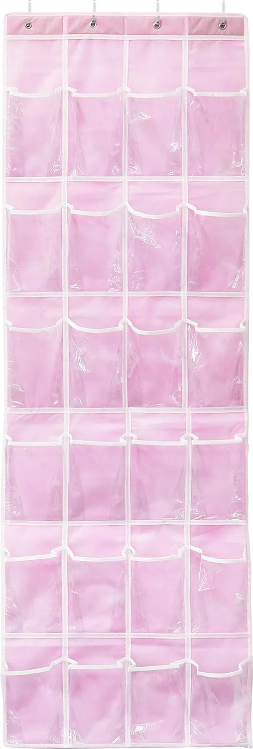 Simple Houseware 24 Pockets - Crystal Clear Over The Door Hanging Shoe Organizer, Pink (64'' x 19'')