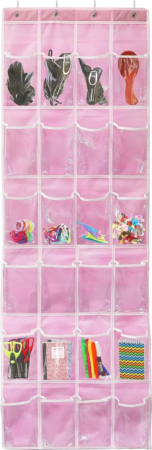Simple Houseware 24 Pockets - Crystal Clear Over The Door Hanging Shoe Organizer, Pink (64'' x 19'')