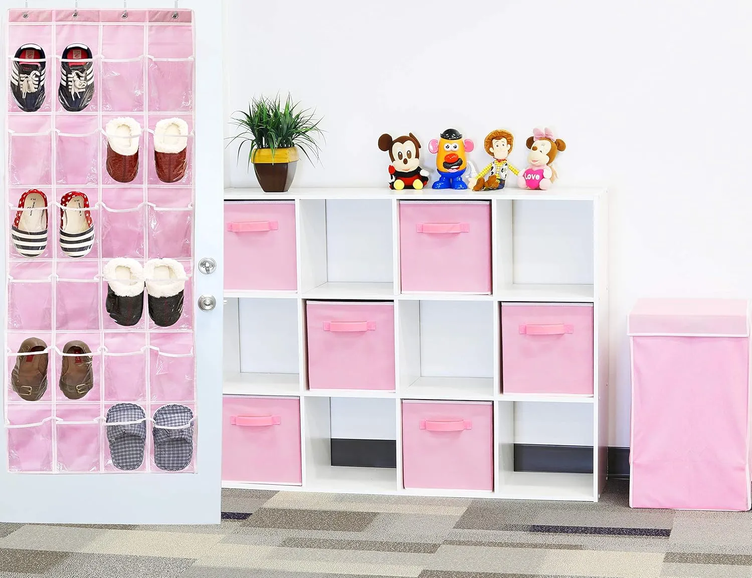 Simple Houseware 24 Pockets - Crystal Clear Over The Door Hanging Shoe Organizer, Pink (64'' x 19'')