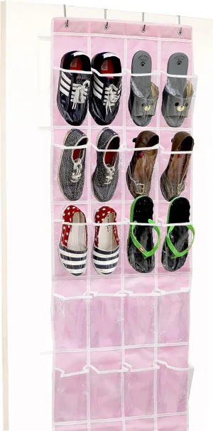 Simple Houseware 24 Pockets - Crystal Clear Over The Door Hanging Shoe Organizer, Pink (64'' x 19'')
