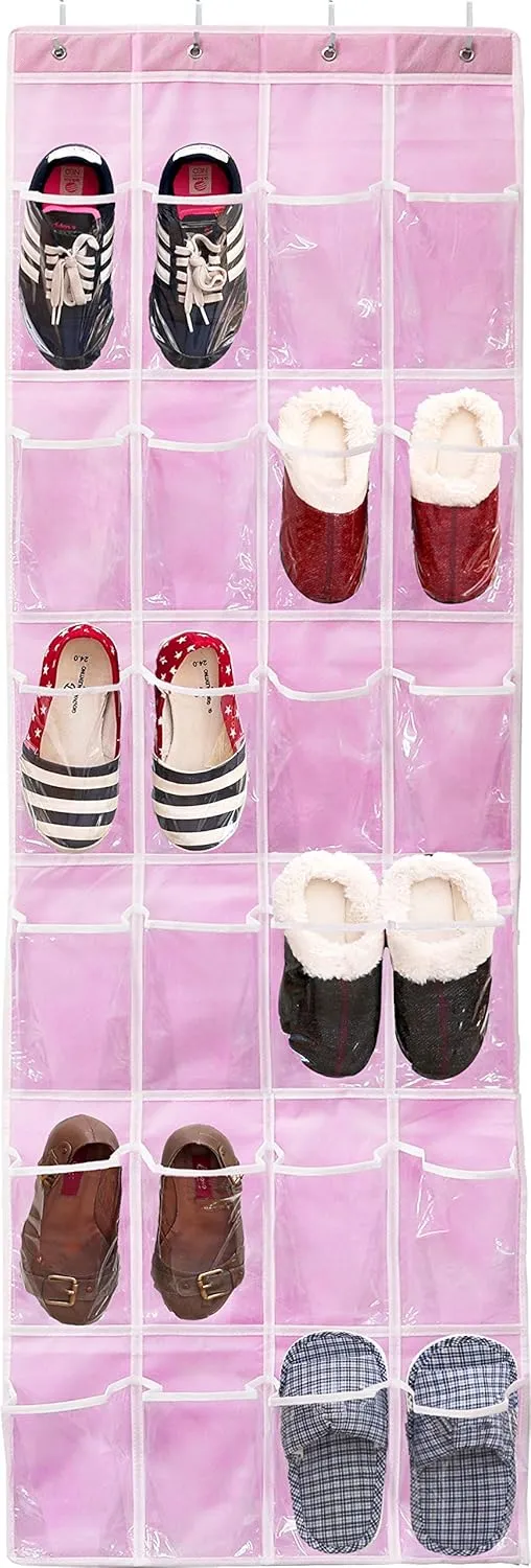 Simple Houseware 24 Pockets - Crystal Clear Over The Door Hanging Shoe Organizer, Pink (64'' x 19'')