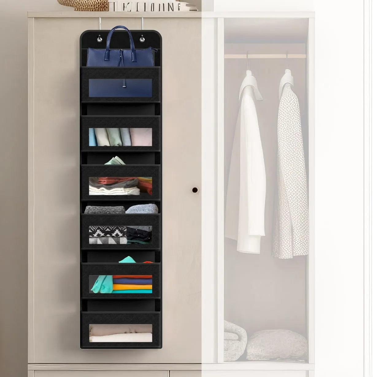 Simple Houseware 6 Clear Window Over Closet Door Pocket Storage Hanging Organizer, Black