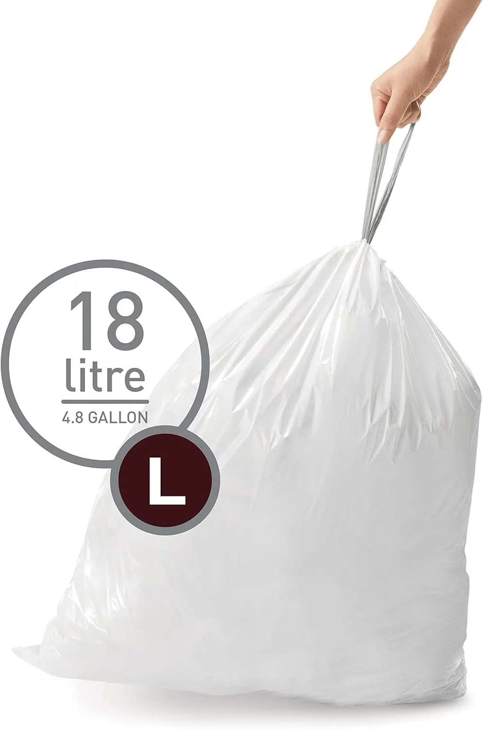 simplehuman Code L 100 Count, Genuine Custom Fit Liners, Drawstring Trash Bags in Dispenser Packs, 18 Liter / 4.7 Gallon, White