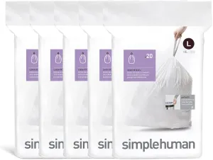 simplehuman Code L 100 Count, Genuine Custom Fit Liners, Drawstring Trash Bags in Dispenser Packs, 18 Liter / 4.7 Gallon, White