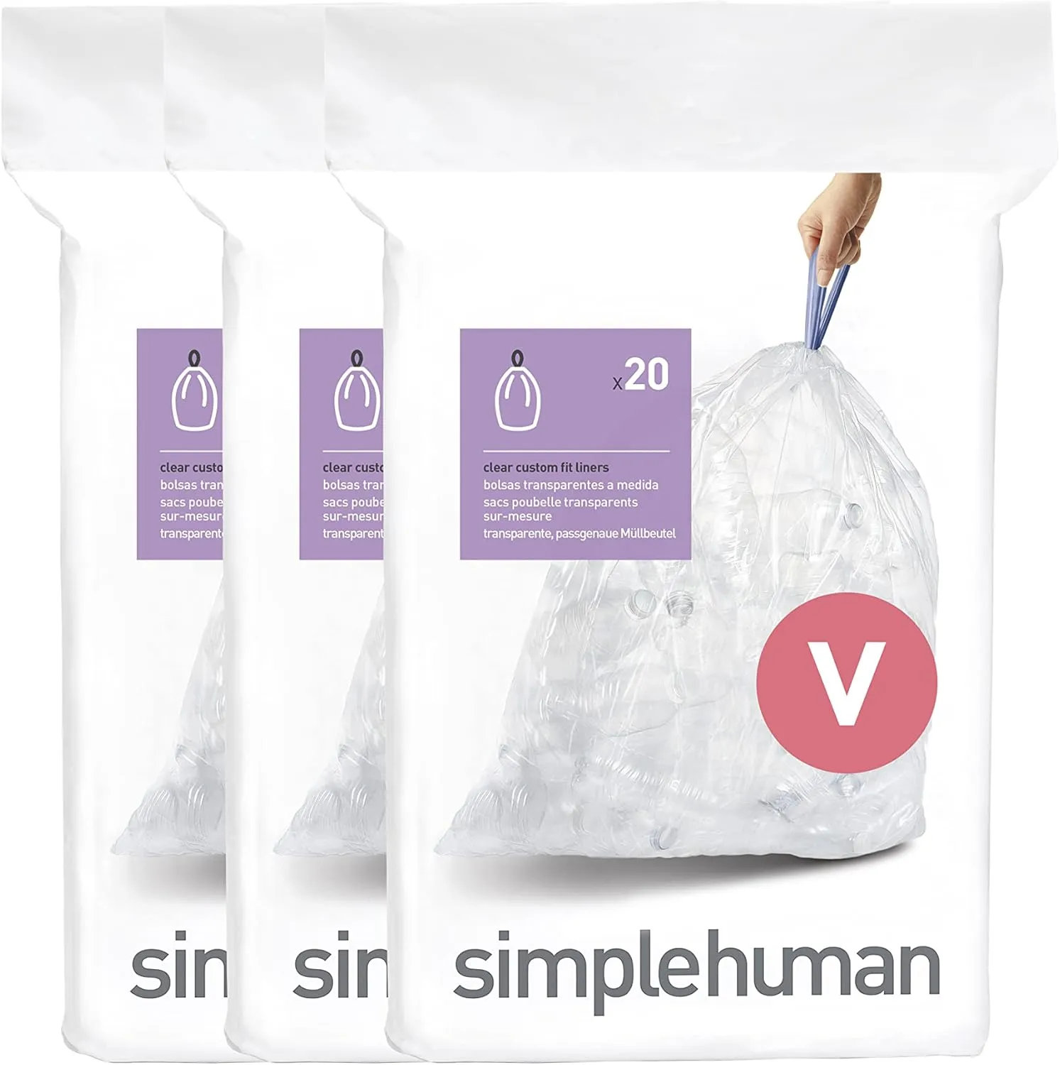 simplehuman Code V 60 Count, Genuine Custom Fit Liners, Drawstring Trash Bags in Dispenser Packs, 16-18 Liter / 4.2-4.8 Gallon, Clear