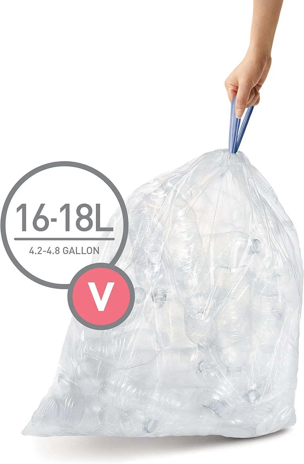 simplehuman Code V 60 Count, Genuine Custom Fit Liners, Drawstring Trash Bags in Dispenser Packs, 16-18 Liter / 4.2-4.8 Gallon, Clear