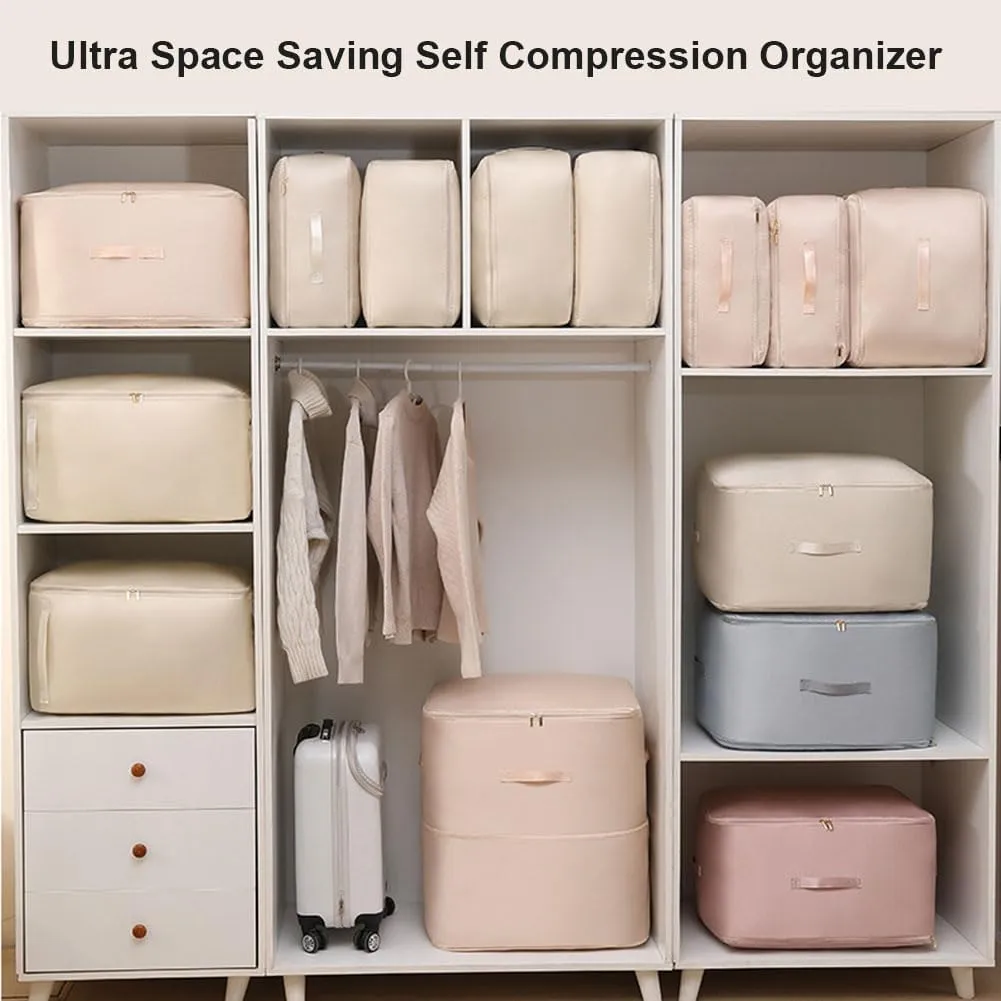 Simtplicity Ultra Space Saving Self Compression Organizer, 2025 Upgraded Comforter Storage Bag with Zipper, Heavy Duty Moving Bags for Comforters, Blankets, Clothes (Beige, M L XL)