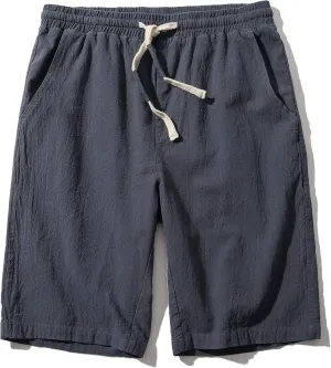 SIR7 Men's Linen Casual Classic Fit 11 Inch Inseam Elastic Waist Shorts with Drawstring