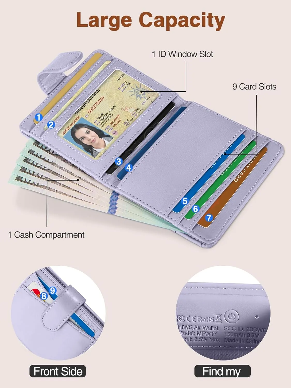 Slim Wallet for Women, Wallet Women with Smart Tracker Works with Apple Find My, RFID Blocking Bifold Credit Card Holder Genuine Leather Small Wallet for Women with ID Window, 8 Cards Holder, Purple