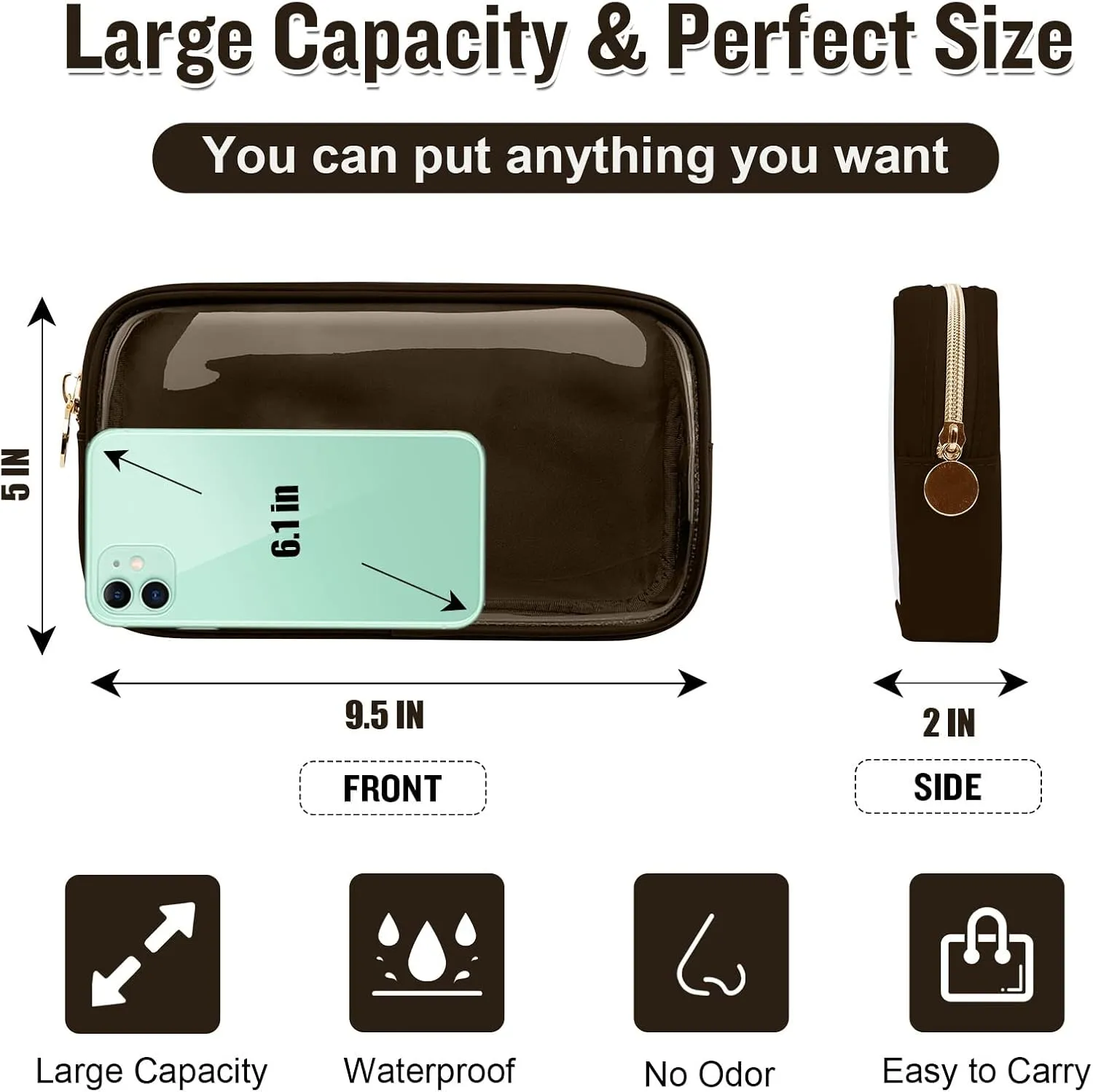 Small Clear Travel Makeup Organizer Bag for Purse, Cute Black Makeup Bag Preppy Cosmetic Zipper Pouch Purse, Transparent PVC & Nylon Toiletry Bag Clutch Makeup Brush Bag Storage for Women Girls(Brown)
