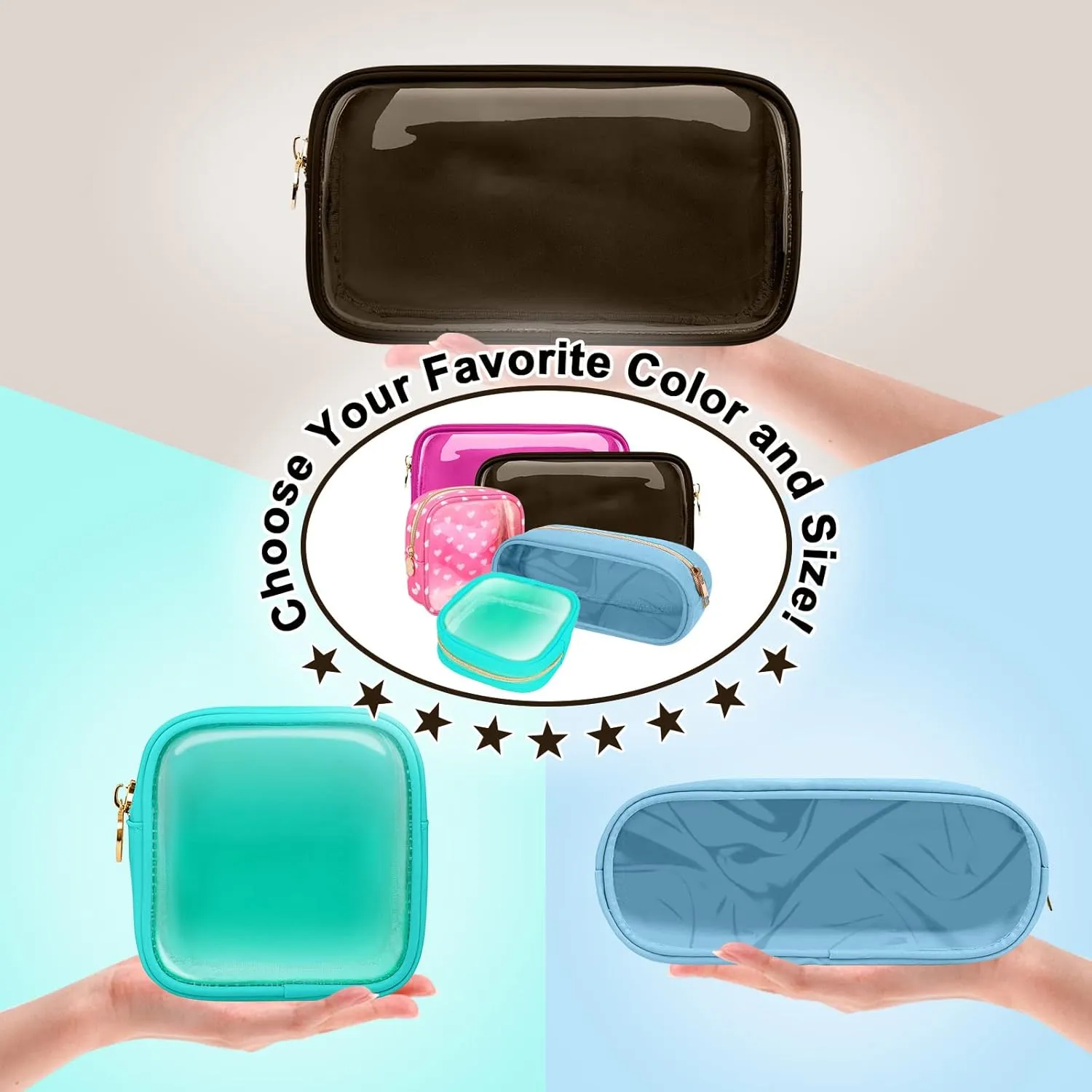 Small Clear Travel Makeup Organizer Bag for Purse, Cute Black Makeup Bag Preppy Cosmetic Zipper Pouch Purse, Transparent PVC & Nylon Toiletry Bag Clutch Makeup Brush Bag Storage for Women Girls(Brown)