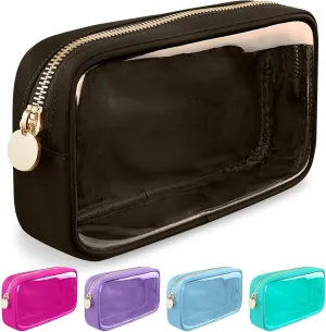 Small Clear Travel Makeup Organizer Bag for Purse, Cute Black Makeup Bag Preppy Cosmetic Zipper Pouch Purse, Transparent PVC & Nylon Toiletry Bag Clutch Makeup Brush Bag Storage for Women Girls(Brown)