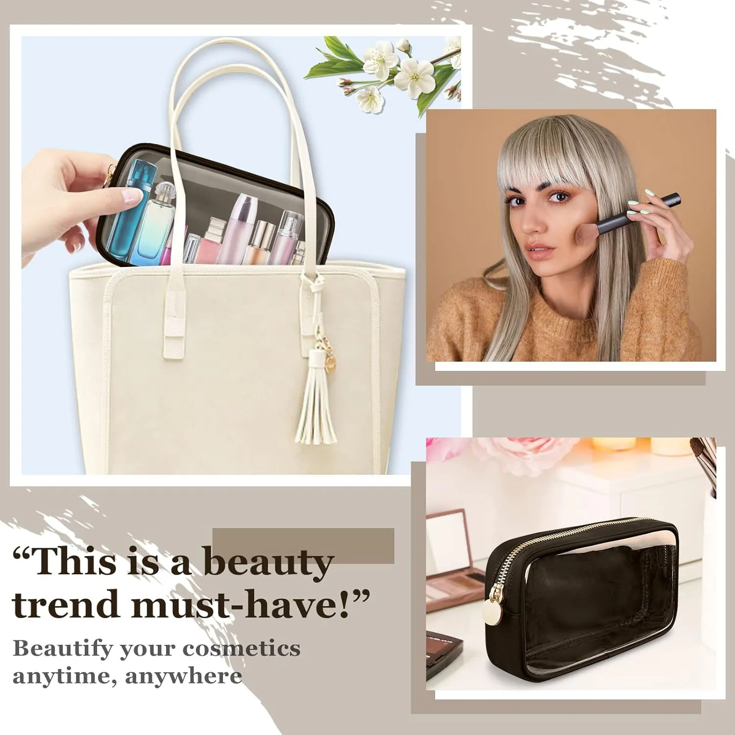 Small Clear Travel Makeup Organizer Bag for Purse, Cute Black Makeup Bag Preppy Cosmetic Zipper Pouch Purse, Transparent PVC & Nylon Toiletry Bag Clutch Makeup Brush Bag Storage for Women Girls(Brown)