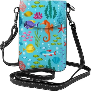 Small Crossbody Bags for Women Ocean Seaweed Seahorse Travel Cell Phone Pouch Cross Body PU Leather Phone Purse Lightweight Wallet Purses with Credit Card Slots and Adjustable Shoulder Strap