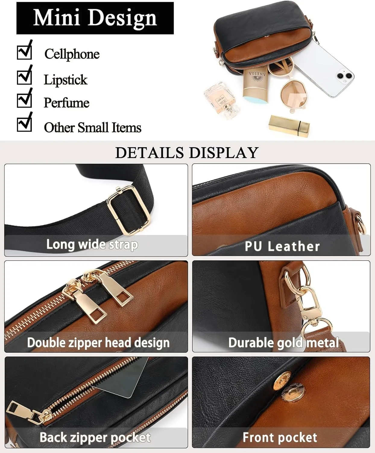 Small Crossbody Bags for Women Vegan Leather Cell phone Purses Mini Shoulder Handbags with Wide Strap