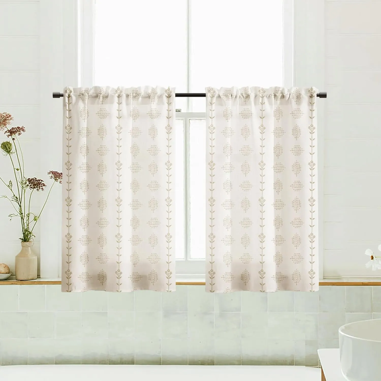 Small Window Curtains for Kitchen,Farmhouse Sheer Whimsical Boho Half Curtains for Windows,Tan Beige