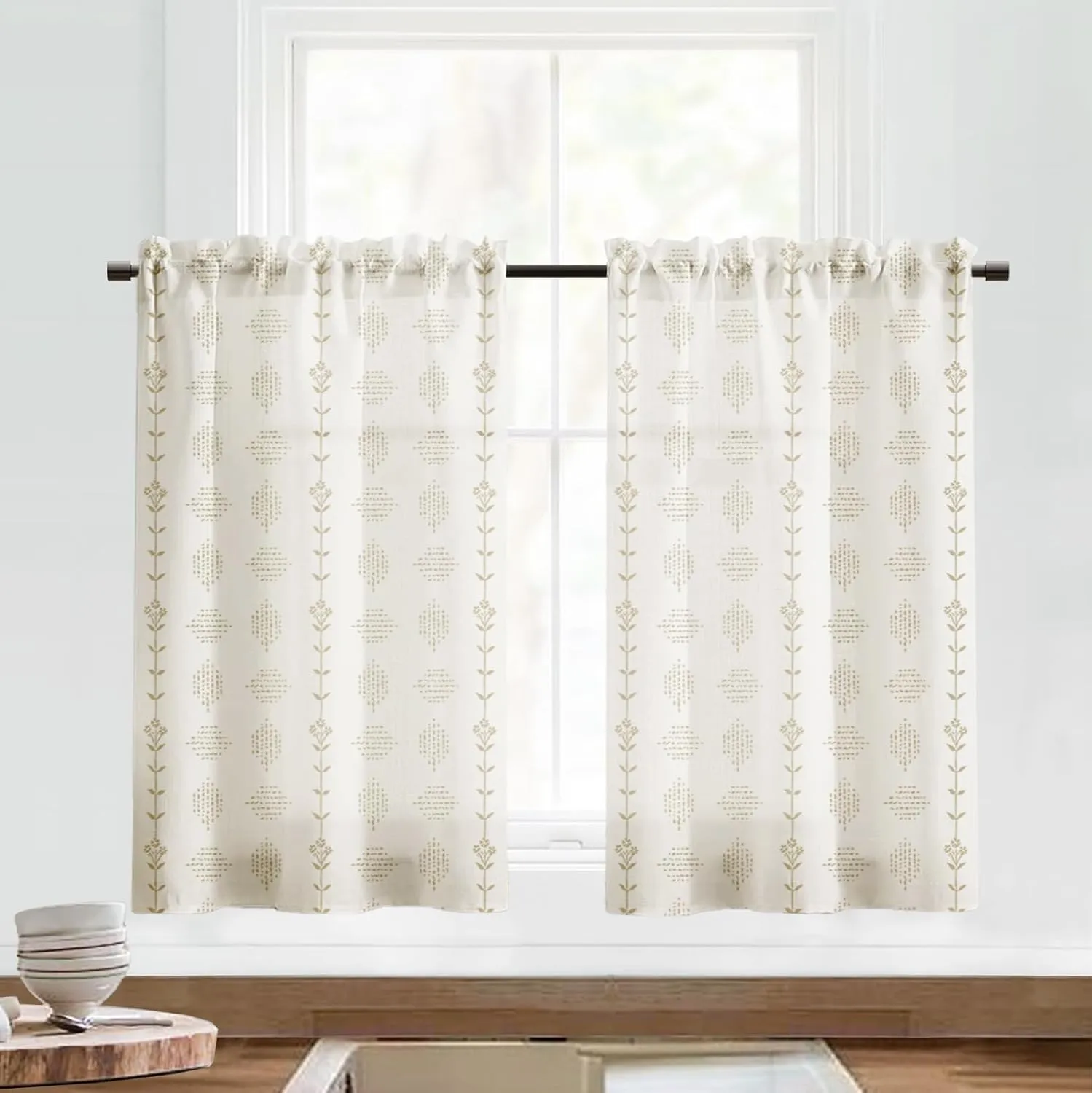 Small Window Curtains for Kitchen,Farmhouse Sheer Whimsical Boho Half Curtains for Windows,Tan Beige