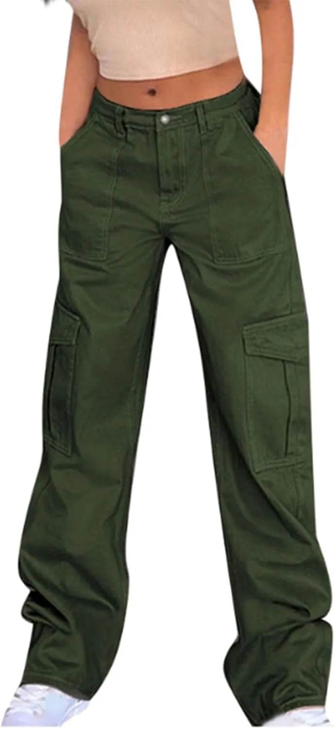 SMIDOW Baggy Cargo Pants for Women Relaxed Fit Low Rise Pants Streetwear Stretchy Wide Leg Combat Military Trousers