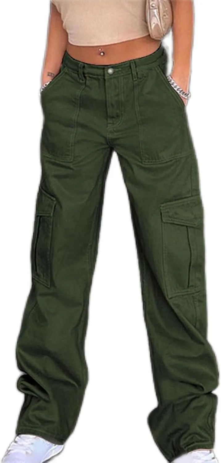 SMIDOW Baggy Cargo Pants for Women Relaxed Fit Low Rise Pants Streetwear Stretchy Wide Leg Combat Military Trousers