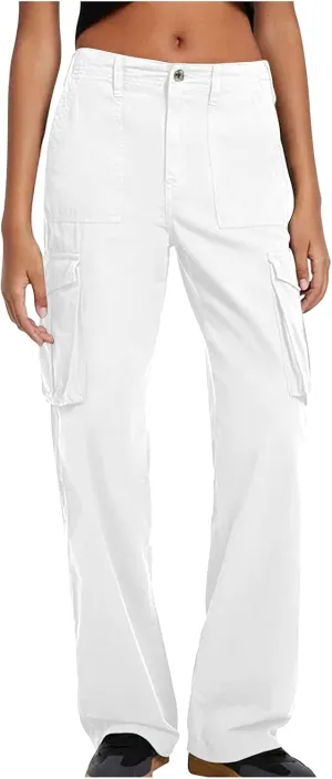SMIDOW Casual Wide Leg Cargo Pants for Women High Waist Straight Leg Trousers with Pockets Streetwear Stretchy Pants