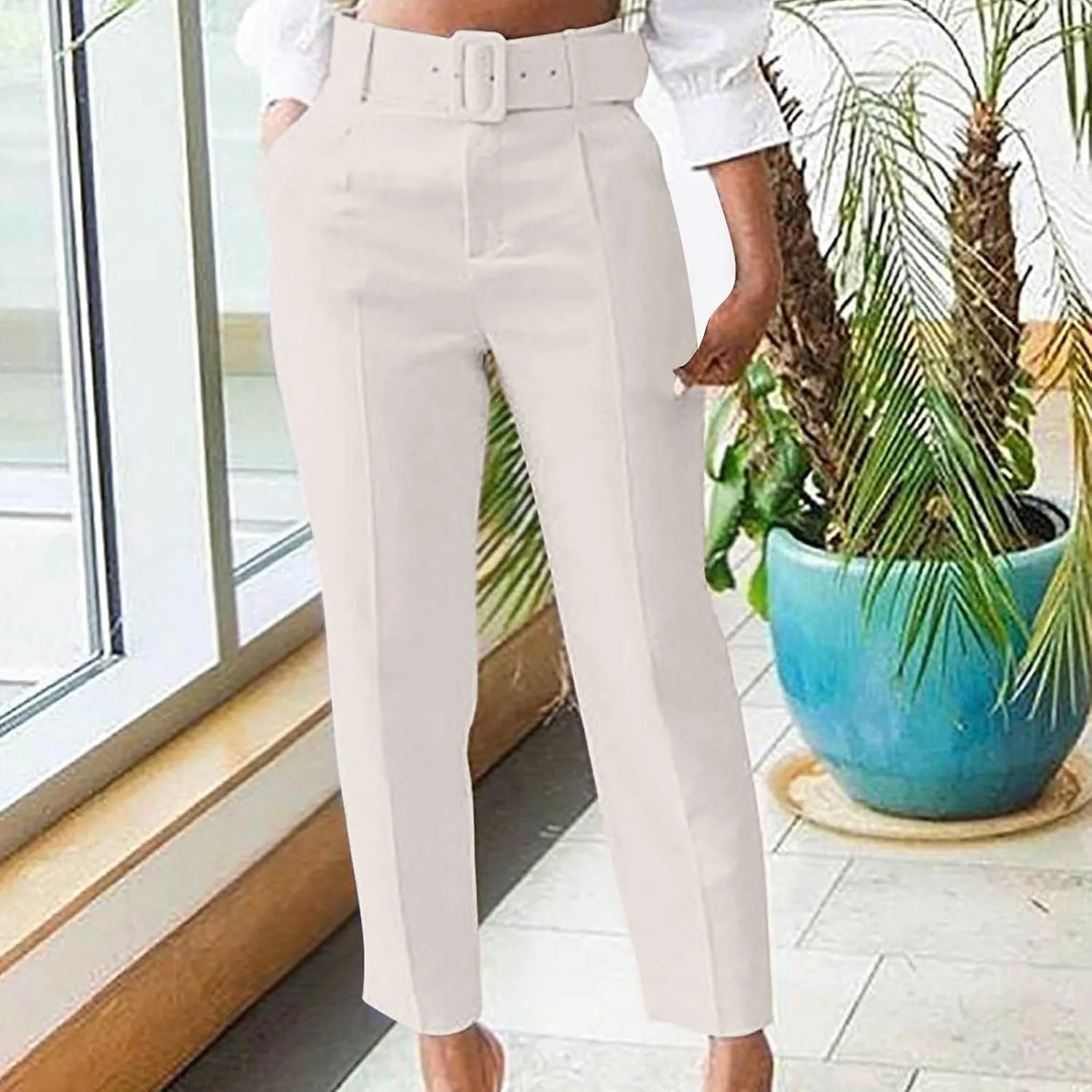 SMIDOW Womens Suit Pants Cargo Pants Straight Leg Wide Leg Pants with Matching Belt Formal Trousers Business Pants