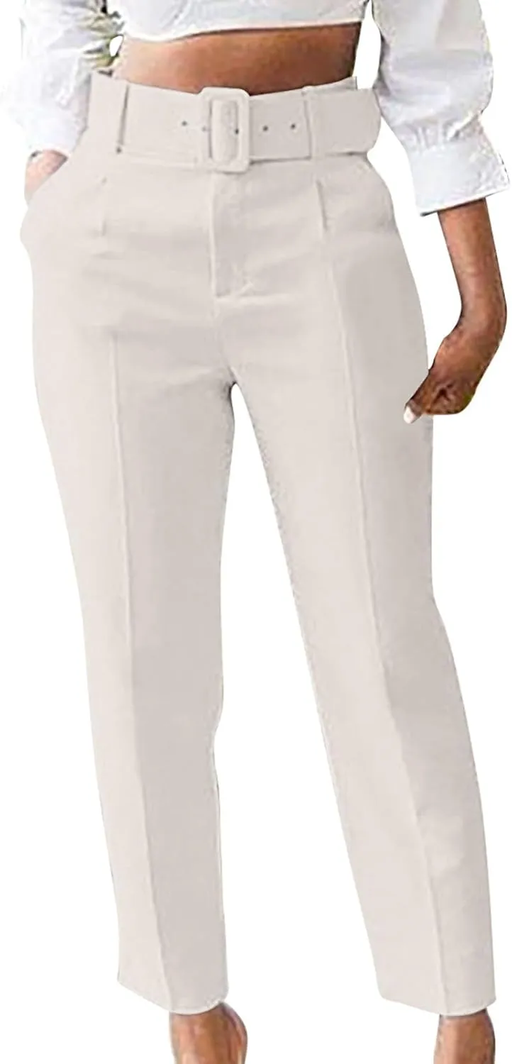 SMIDOW Womens Suit Pants Cargo Pants Straight Leg Wide Leg Pants with Matching Belt Formal Trousers Business Pants