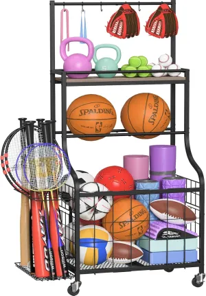 Snughome Garage Sports Equipment Organizer, Ball Storage Rack, Sports Storage Organizer for Garage with Basket, Hooks, and Wheels, Ball Organizer for Football, Soccer Ball, Bat, Toys