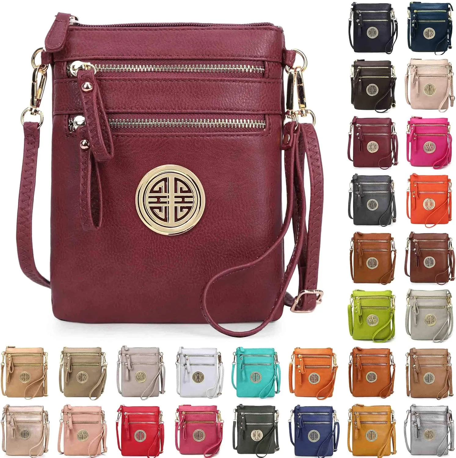 Solene Women's Faux Leather Organizer Multi Zipper Pockets With Detachable Wristlet Crossbody Bag