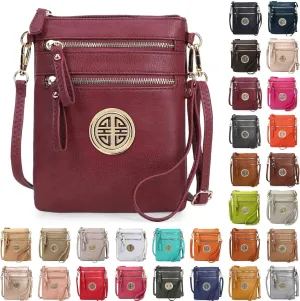 Solene Women's Faux Leather Organizer Multi Zipper Pockets With Detachable Wristlet Crossbody Bag