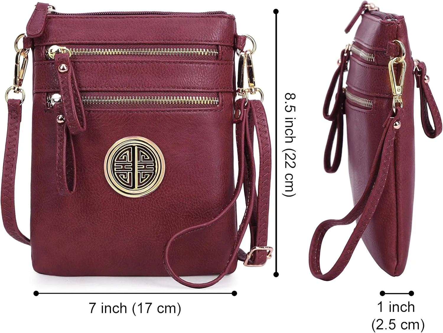 Solene Women's Faux Leather Organizer Multi Zipper Pockets With Detachable Wristlet Crossbody Bag