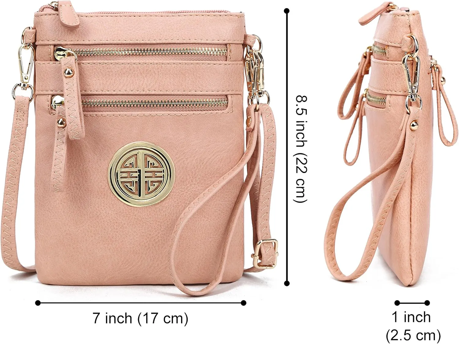 Solene Women's Faux Leather Organizer Multi Zipper Pockets With Detachable Wristlet Crossbody Bag