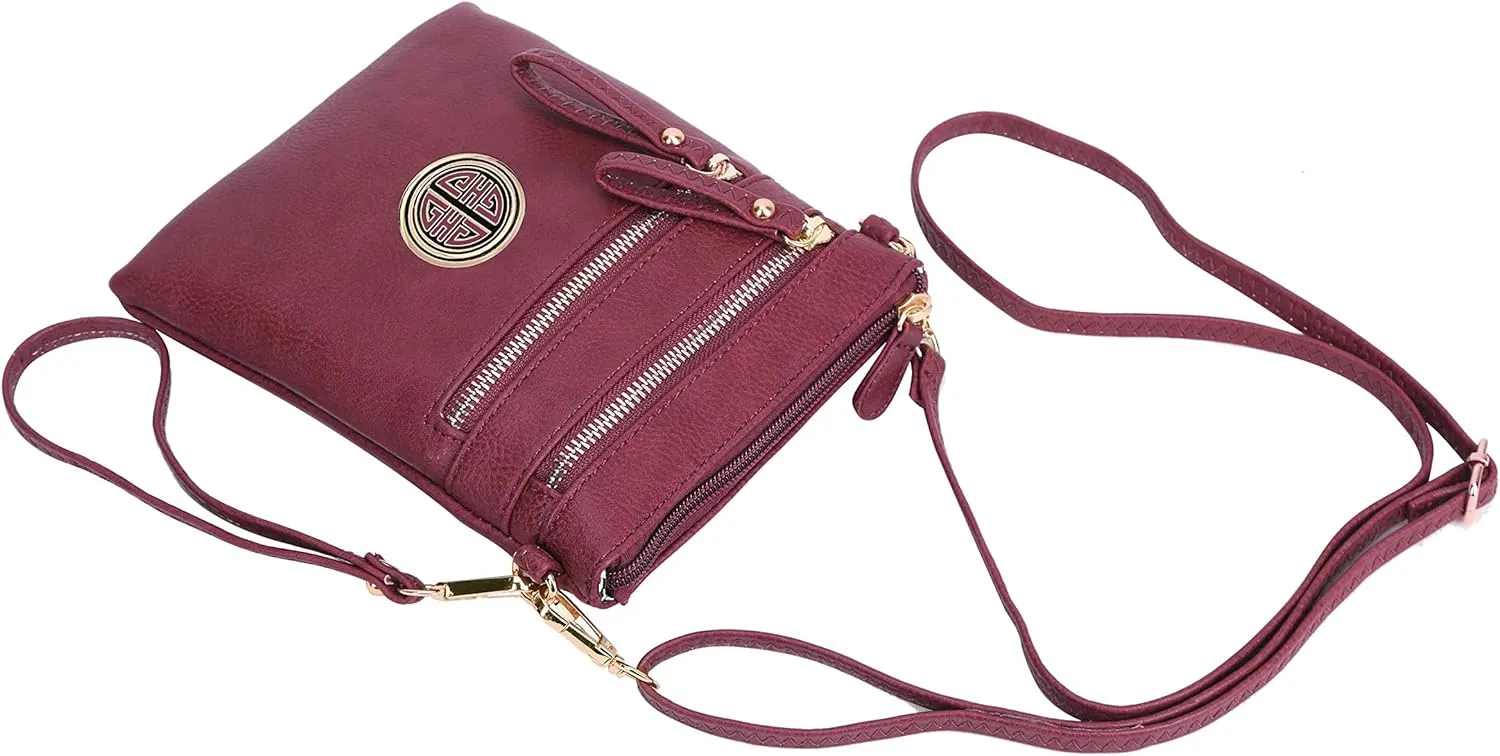 Solene Women's Faux Leather Organizer Multi Zipper Pockets With Detachable Wristlet Crossbody Bag