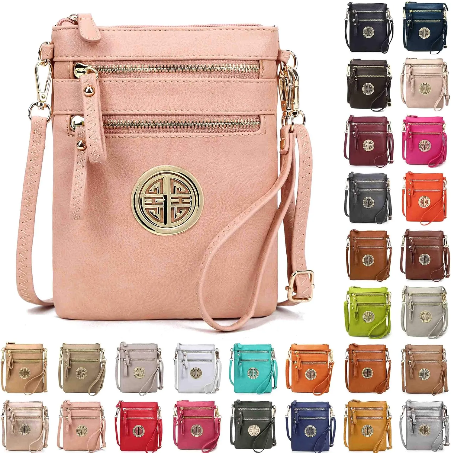 Solene Women's Faux Leather Organizer Multi Zipper Pockets With Detachable Wristlet Crossbody Bag
