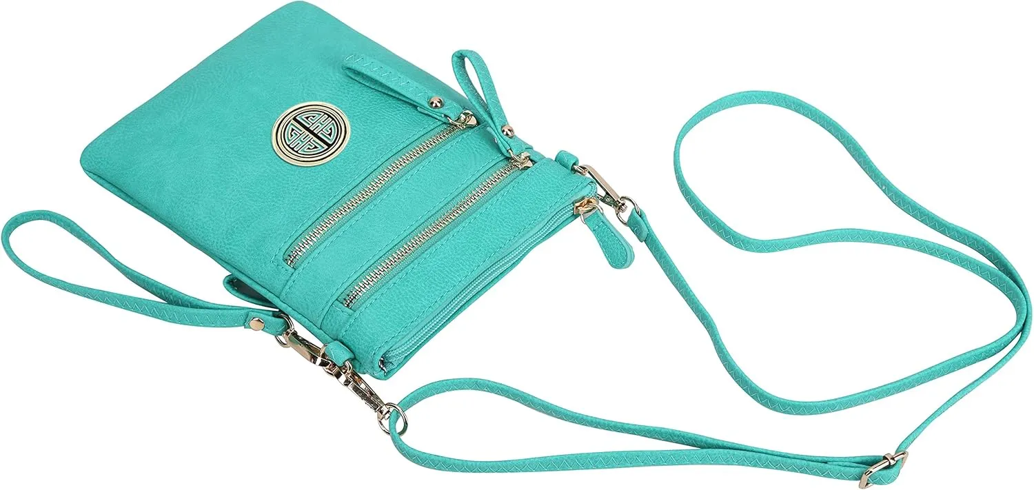 Solene Women's Faux Leather Organizer Multi Zipper Pockets With Detachable Wristlet Crossbody Bag