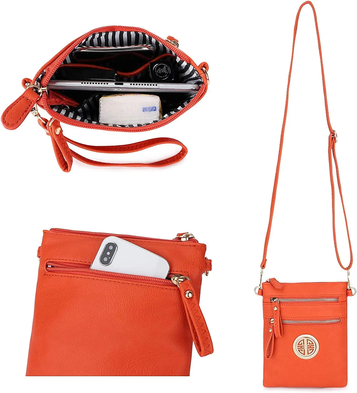 Solene Women's Faux Leather Organizer Multi Zipper Pockets With Detachable Wristlet Crossbody Bag