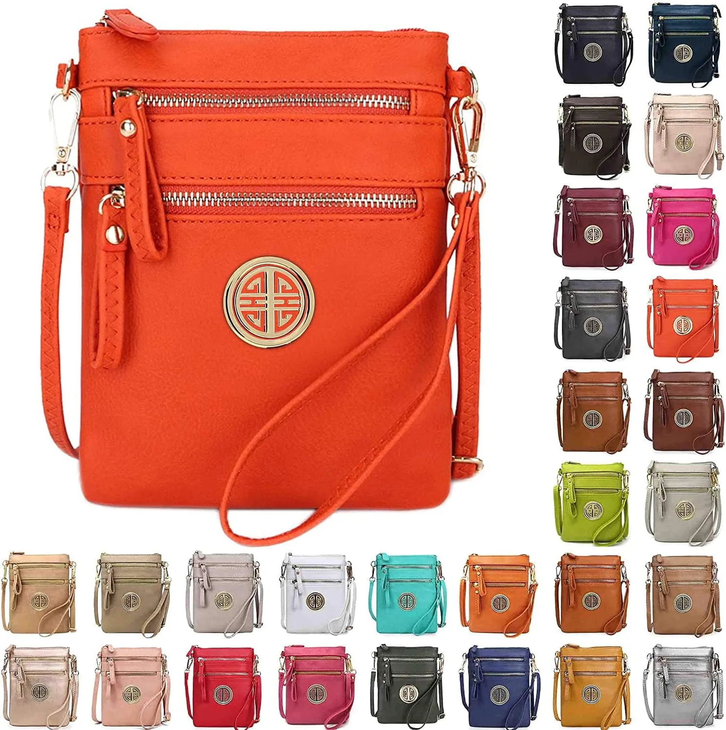 Solene Women's Faux Leather Organizer Multi Zipper Pockets With Detachable Wristlet Crossbody Bag