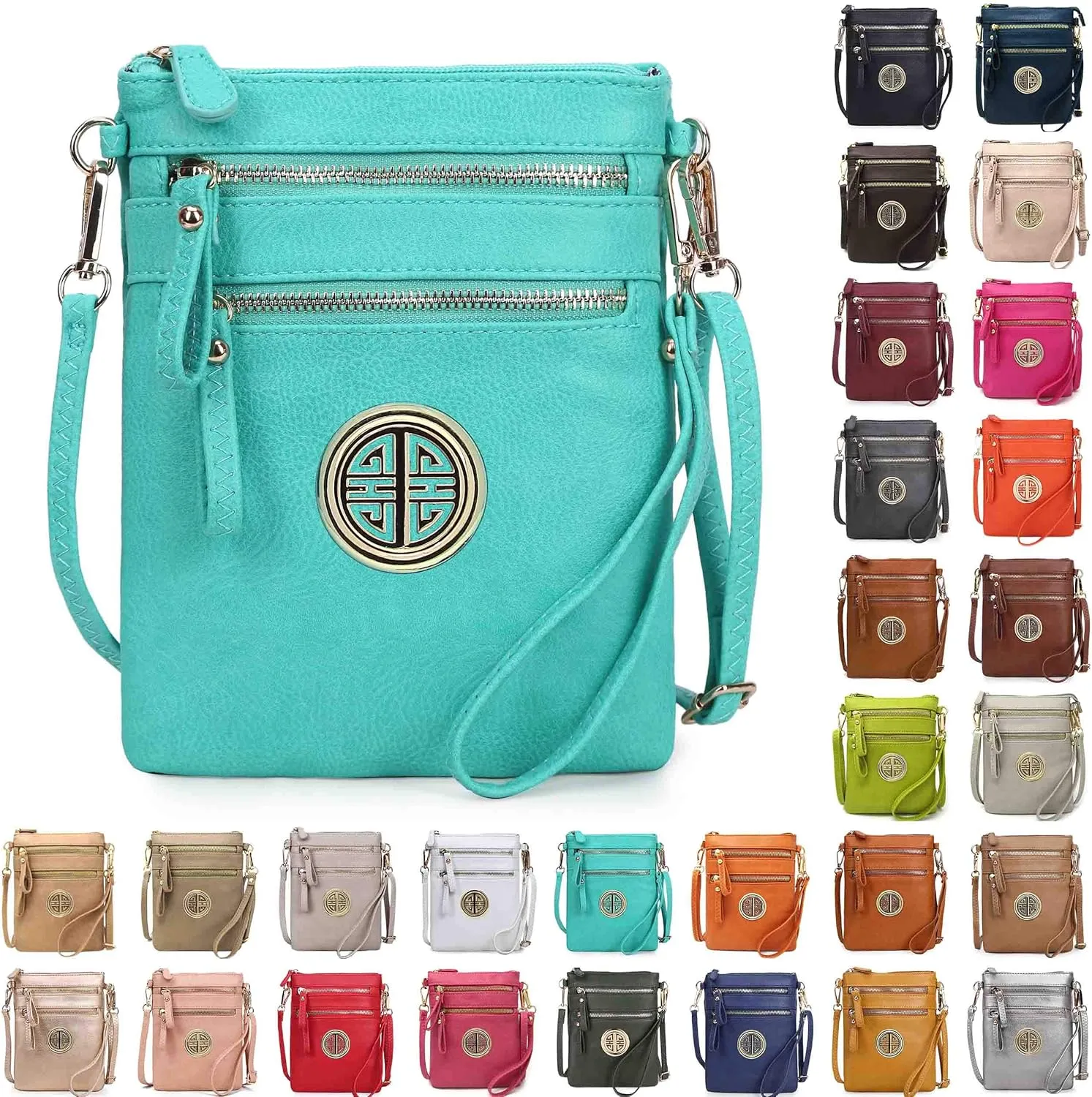Solene Women's Faux Leather Organizer Multi Zipper Pockets With Detachable Wristlet Crossbody Bag