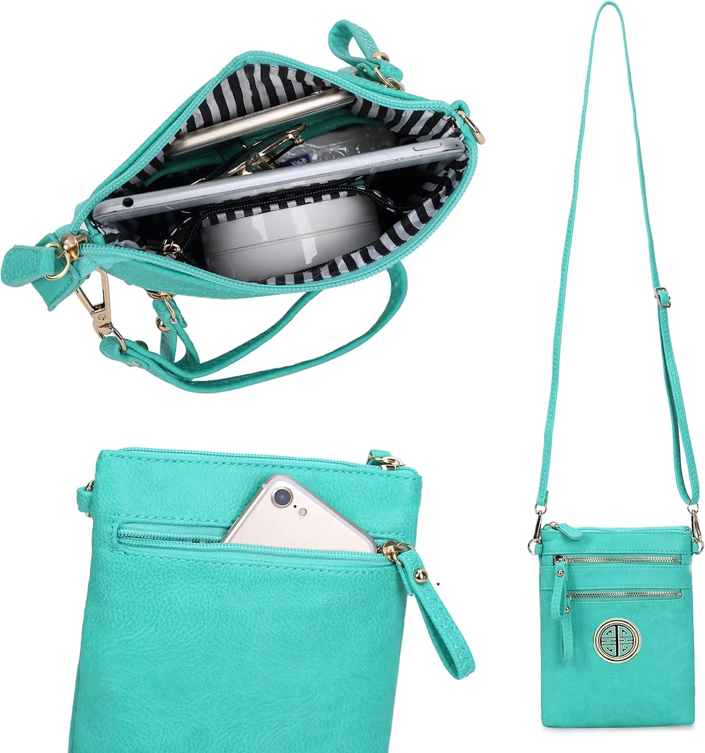 Solene Women's Faux Leather Organizer Multi Zipper Pockets With Detachable Wristlet Crossbody Bag