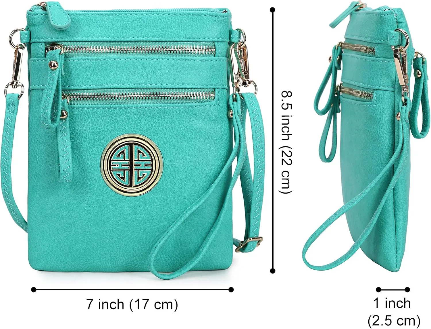 Solene Women's Faux Leather Organizer Multi Zipper Pockets With Detachable Wristlet Crossbody Bag