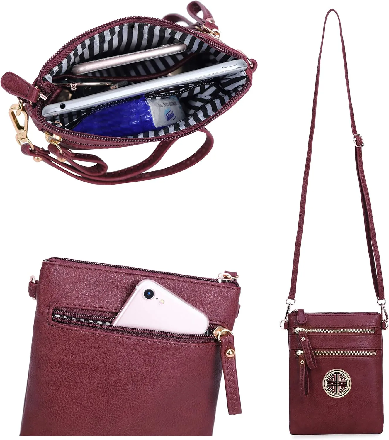 Solene Women's Faux Leather Organizer Multi Zipper Pockets With Detachable Wristlet Crossbody Bag