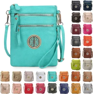 Solene Women's Faux Leather Organizer Multi Zipper Pockets With Detachable Wristlet Crossbody Bag