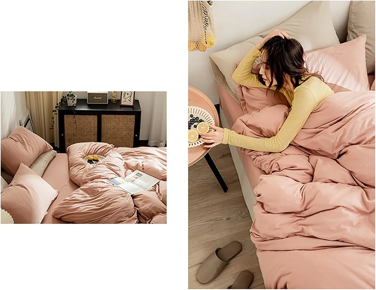 Solid Color 100% Cotton Bedding Duvet Cover Set,4-Piece Reversible Quilt Cover Queen Size,Japanese Soft Comforter Bedding Cover with Zipper Closure(Pink B,Twin(3pcs))