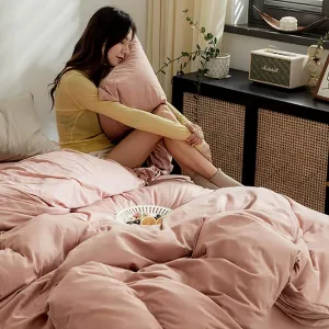 Solid Color 100% Cotton Bedding Duvet Cover Set,4-Piece Reversible Quilt Cover Queen Size,Japanese Soft Comforter Bedding Cover with Zipper Closure(Pink B,Twin(3pcs))