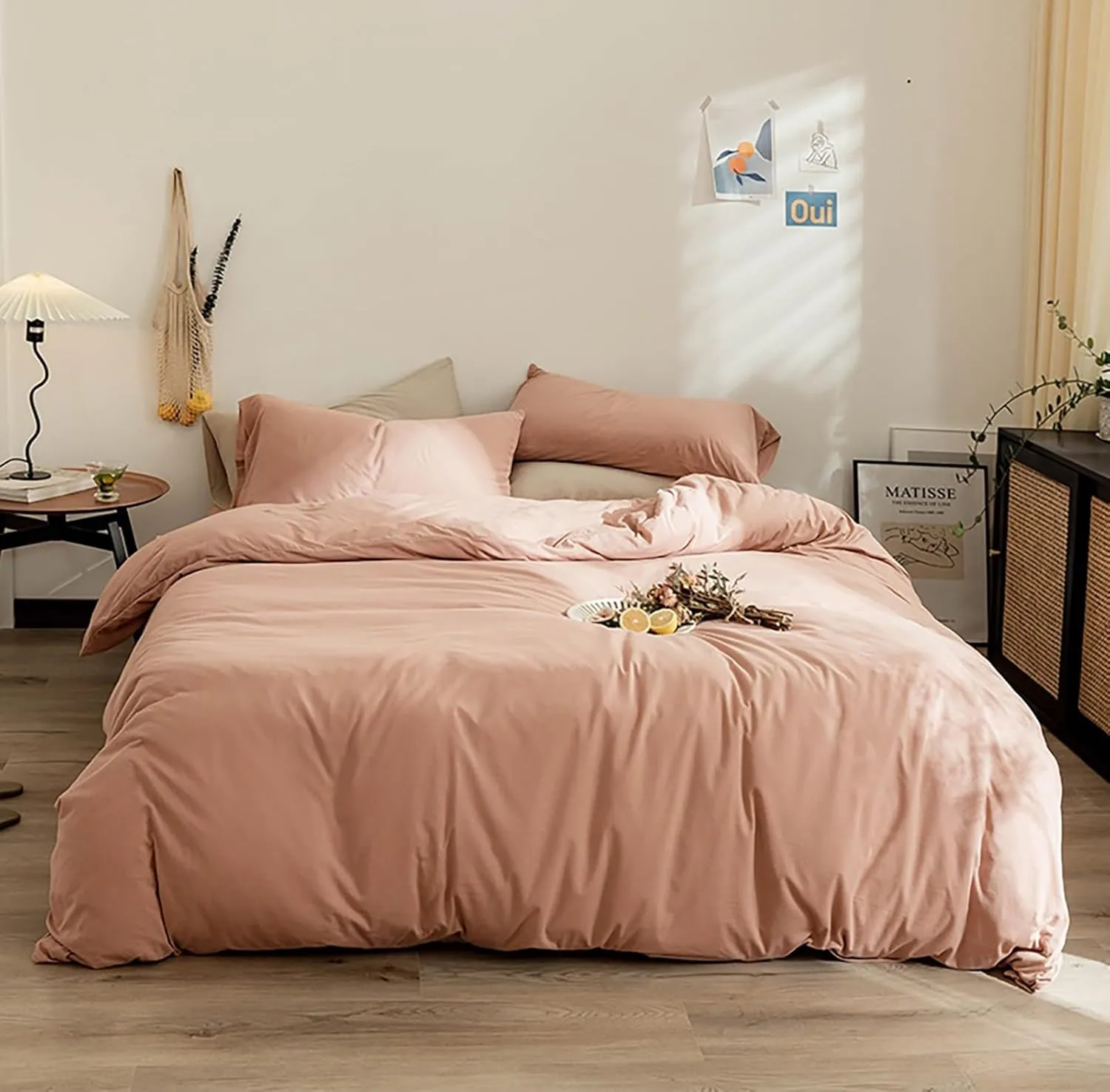 Solid Color 100% Cotton Bedding Duvet Cover Set,4-Piece Reversible Quilt Cover Queen Size,Japanese Soft Comforter Bedding Cover with Zipper Closure(Pink B,Twin(3pcs))