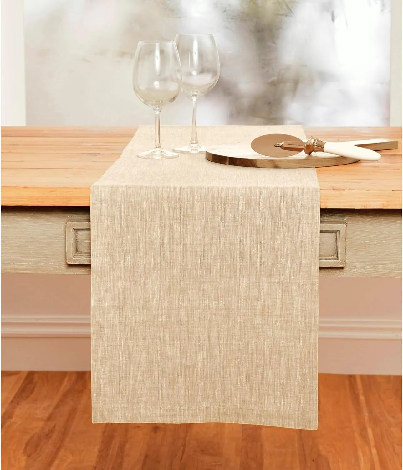 Solino Home Linen Champagne Beige Table Runner 108 Inches Long - Athena, 100% Pure Linen Dining Table Runner 14 x 108 Inch for Spring, Summer