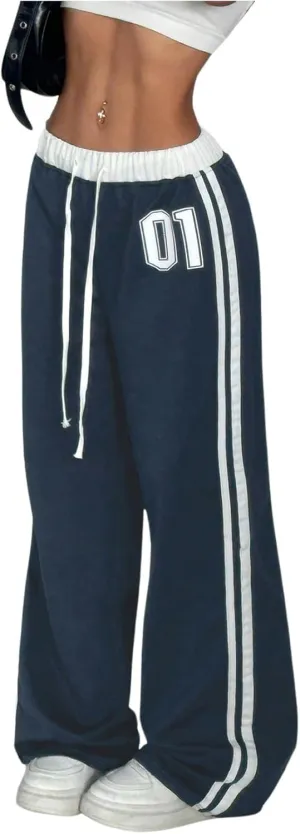 SOLY HUX Women's Drawstring Waist Sports Sweatpants Retro Wide Leg Baggy Pants Streetwear
