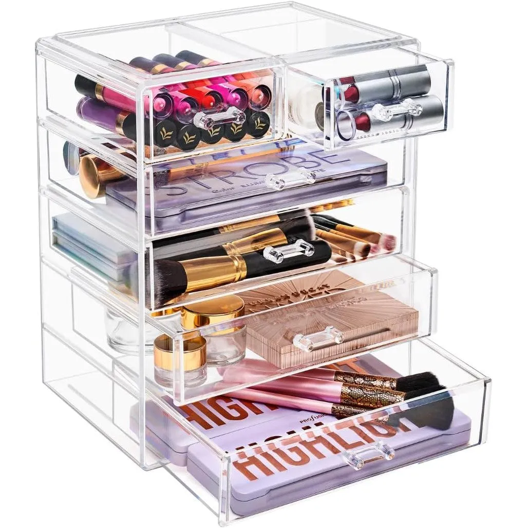 Sorbus Acrylic Clear Makeup Organizer - Big & Spacious Cosmetic Display Case - Stylish Designed Jewelry & Make Up Organizers and Storage for Vanity, Bathroom (4 Large, 2 Small Drawers)