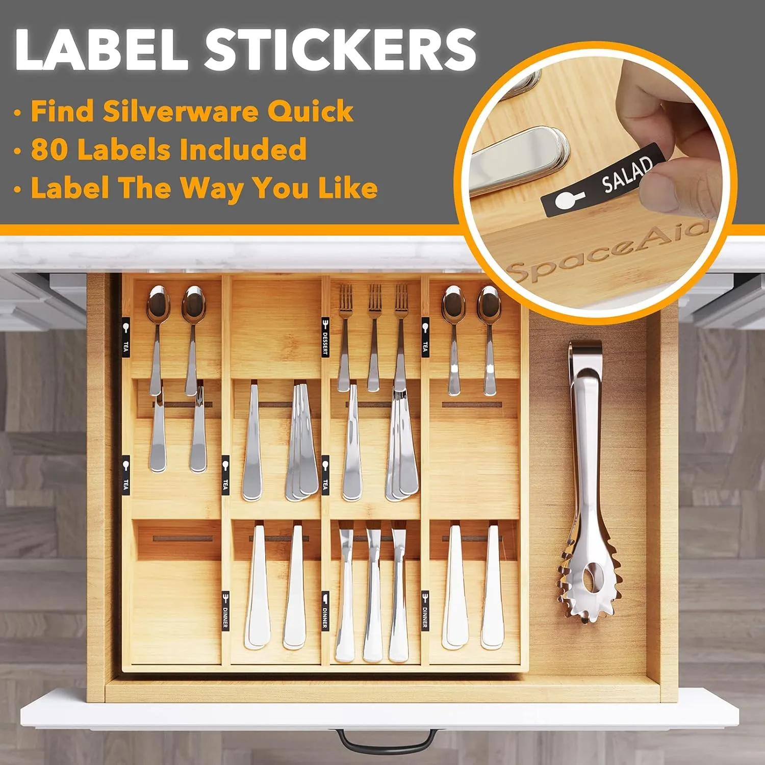 SpaceAid Bamboo Silverware Drawer Organizer with Labels, Kitchen Utensil Tray Holder Organizer for Flatware, Cutlery, Spoon and Knives Drawer Storage Organization (12 Slots)