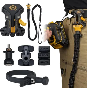 Spider Pro Tool Holster   Fall Prevention Tool Tether   1 Pro Tool Grip   1 Drill Pin   1 Adhesive Tool Tab - Upgraded, Belt Mounted, Self Locking Holder System for Any Tool